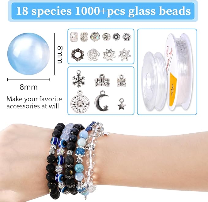 Tunmiok Glass Beads for Jewelry Making Kit with Metal Charms & Crystal String - Includes Spacers, Flower Holders - Bracelet kit, Necklace, Earring Set Supplies for Adults (Blue)