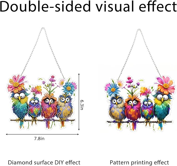 pudinbs Diamond Art Kit for Adult, 5D Diamond Art Painting Window Pendants Home Garden Wall Hanging Kits Hanging Ornament, DIY Acrylic Double Sided Ornaments (Bird)