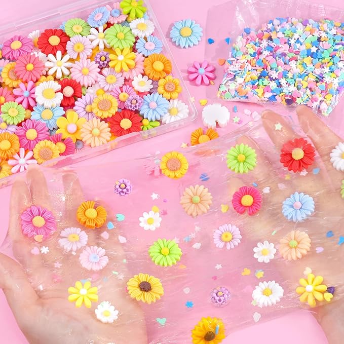100PCS Flower Slime Charms Cute DaisyFlatback Resin Charms for Slime, Kawaii Random Decoden Charm for Embellishments Phone Junk Case Charms Bulk,Hairpins Scrapbooking Crafting DIY Decor