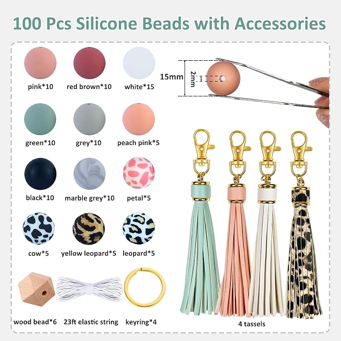 IESCOO 100pcs Silicone Beads for Keychain Making,15mm Rubber Beads kit for Keychain Bracelet Lanyards Pens with Key Rings and Tassels