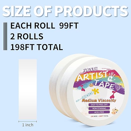 2 Packs Artist Tape Medium Tack White Art Tape for Watercolor Paper Drafting Art Painting Canvas Framing Acid Free Masking Tape- 1IN Wide 197FT Long Total