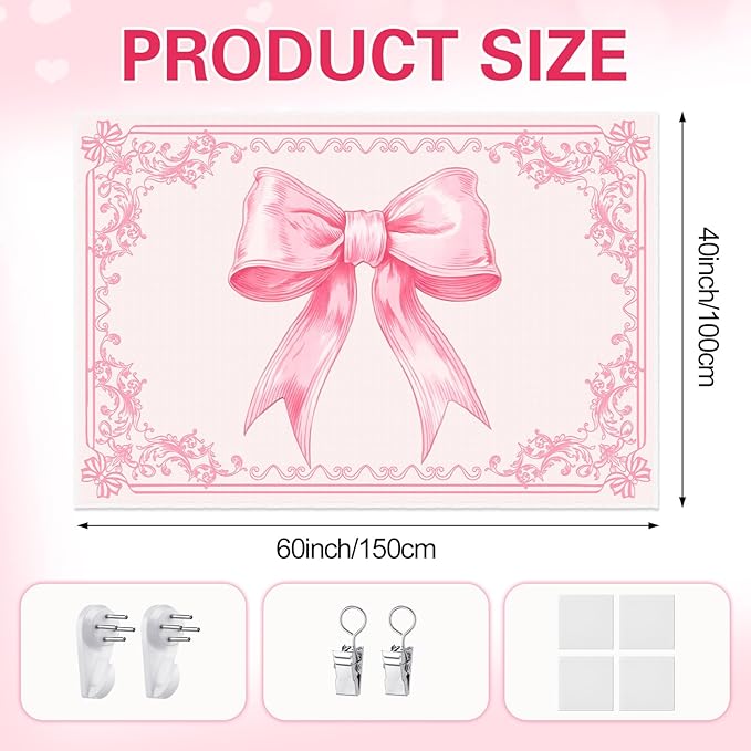 HunnmingRe 60" x 40" Pink Tapestry Coquette Pink Aesthetic Bedroom Hanging Wall Art Preppy Tapestry Decor Kit Cute Room Decoration for Women Girls Room Dorm Apartment(Bow)