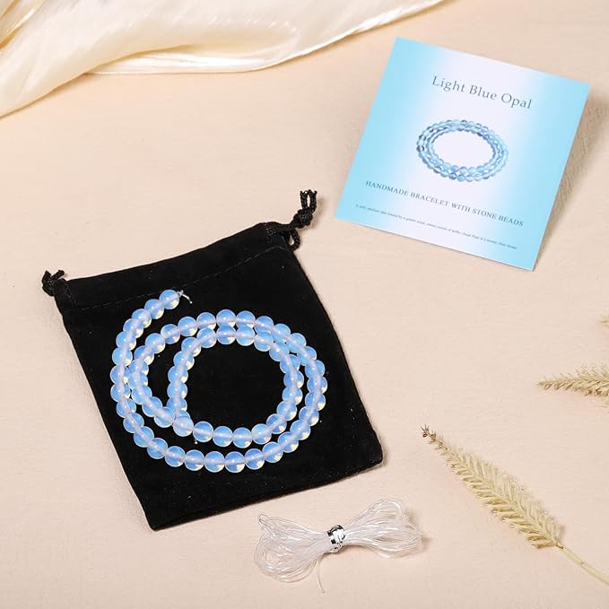 Stone Beads, 60pcs Light Blue Opal, 6mm Round Loose Beads for Jewelry Making, Bracelets, with Bag, String & Card