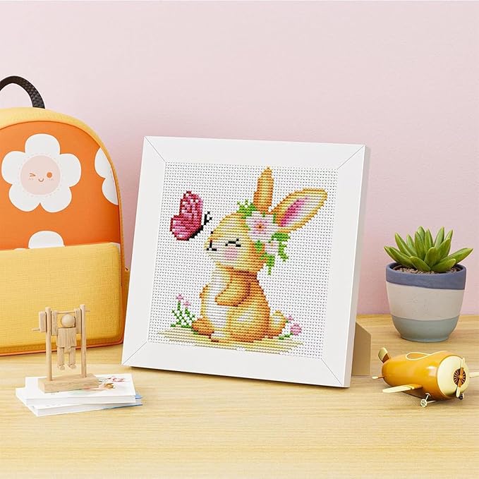 VIGEGU Rabbit Cross Stitch Kits for Beginners,Stamped Cross Stitch for Adults with Framed,Crafts for Girls 8-12 Embroidery Kit Partial 11CT Cross-Stitch Arts and Crafts for Adults 6.7x6.7inch