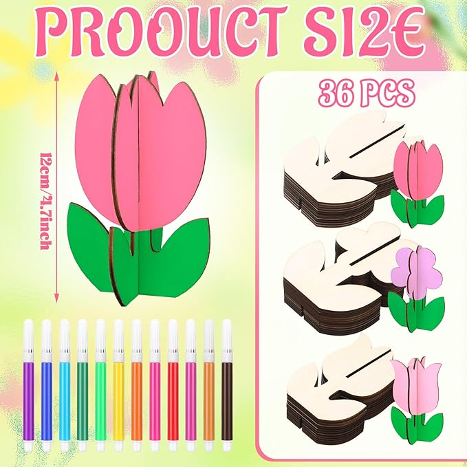 Blosssound 48 Pcs Spring Crafts Set 36 Pcs 3D Wooden Flower Cutouts Unfinished Tulip Slices Wood Daisy to Paint with 12 Colored Pens for Mother's Day Summer Easter Floral Handmade Crafts DIY Projects