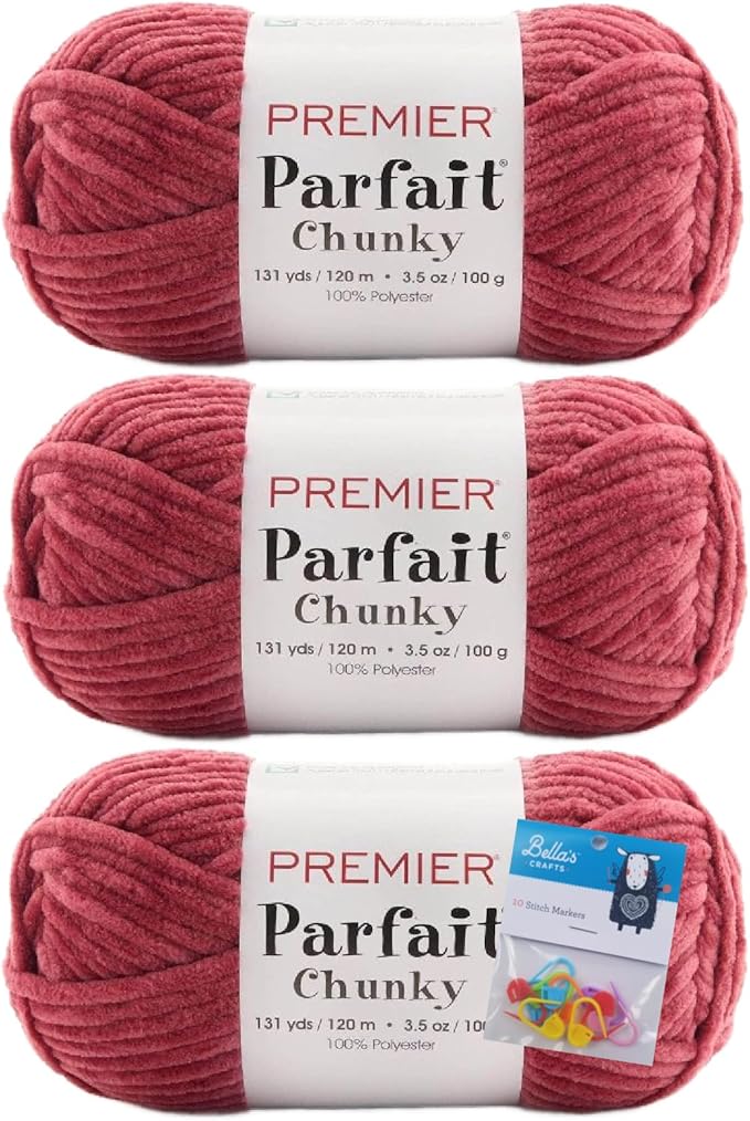 Premier Yarns Parfait Chunky Chenille Yarn 3.5 Oz 6 Super Bulky Weight 3 Pack Bundle with Bella's Stitch Place Holders (Maple Leaf)