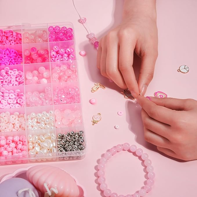 Miss Rabbit Pink Clay Beads Bracelet Making Kit,3500Pcs Valentines Beads,Friendship Bracelet Kit for Jewelry Making with 6 Kinds of Unique Glass Seed Bead