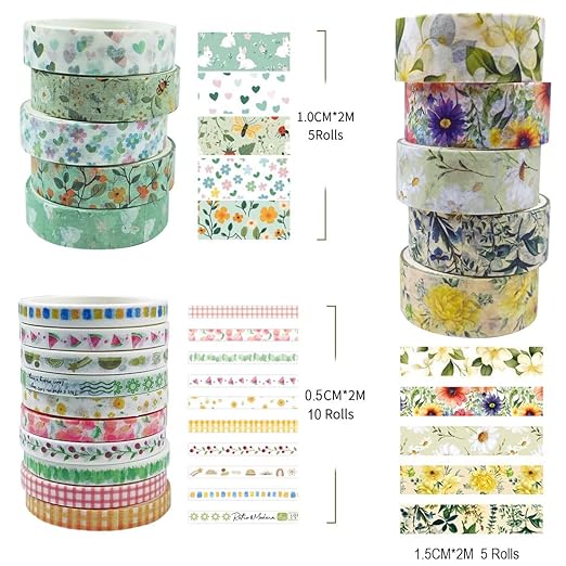 20 Rolls Washi Tape Set,Floral Washi Tape for Journaling, Assorted Sizes (Floral B)