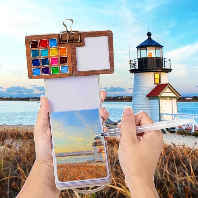 Mini Watercolor Paint Set, Premium Pocket Watercolor Travel Kit, With 24 Watercolor Paints, 15-Grid Black Walnut Palette, Crossbody Bag, Oil Painting Paper Sketchbook, Ideal for art lovers