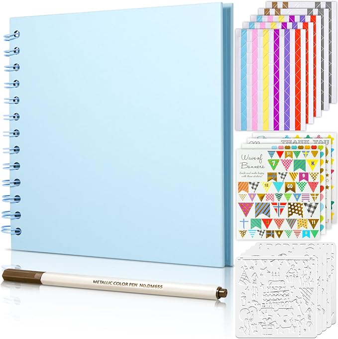 GOTIDEAL 8 x 8Inch Scrapbook Album,40 Pages Kraft Paper Photo Albums for Wedding&Anniversary,Family DIY Scrap Book Kits with Metallic Markers&Scrapbooking Stickers Corners(Blue)