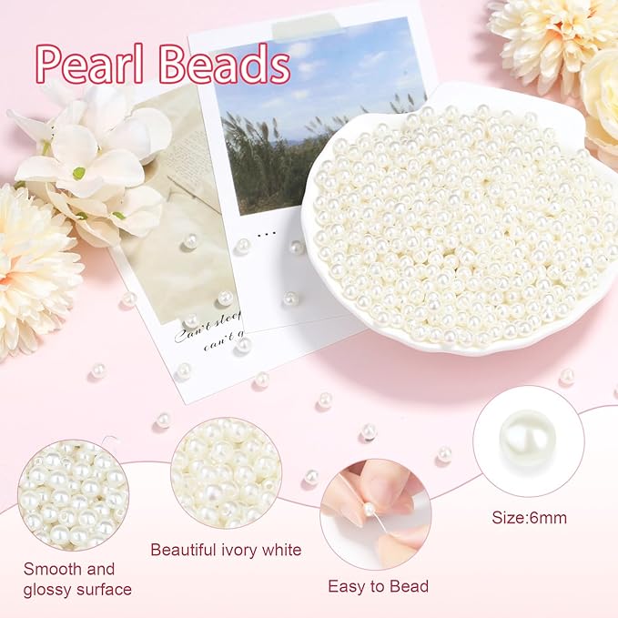 1500Pcs 6mm Pearl Beads with Hole, Loose White Clay Pearl Bead for Crafting Jewelry Making, Tiny Round Cute Acrylic Pearls Beads for Earring Kit, Necklace, Bracelet, Vase Filler, DIY Craft