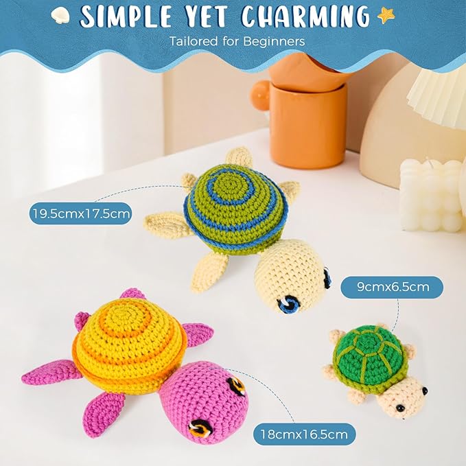 Hadwoer Crochet Kit for Beginners, Crochet Animal Kit, DIY Crochet Animal Kit with Step-by-Step Video Tutorials, Perfect for Beginners of All Ages - 3-Pack Turtle Set