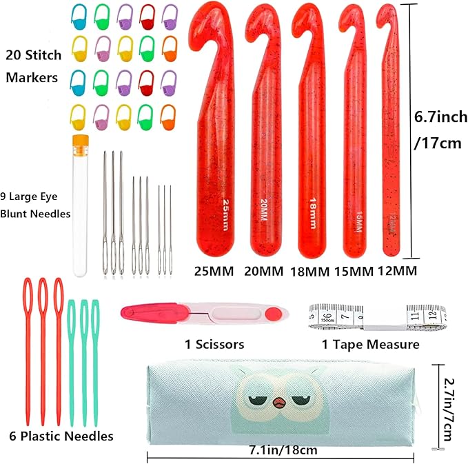 Hobekoee 43 Pcs Large Crochet Hooks Set,12mm 15mm 18mm 20mm 25mm Large Crochet Hooks for Chunky Yarn,Plastic Crystal Smooth Big Crochet Needles for Handmade DIY Crochet with Storage Bag