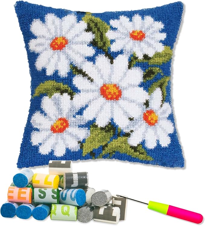 LAPATAIN Latch Hook Kits for DIY Throw Pillow Cover,Daisy Needlework Cushion Cover Hand Craft Crochet for Great Family 17x17inch
