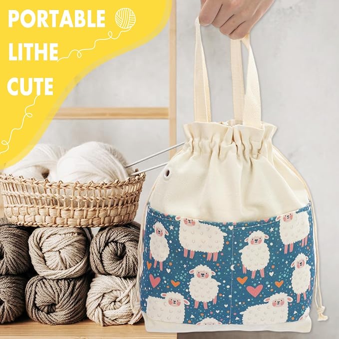 Crochet Bag, Handy Knitting Project Yarn Bag, Crochet Accessories Yarn Storage Organizer, Knitting Bags and Totes for Crocheting on The Go, 12.5x13x5'' (Green Sheep, Small)