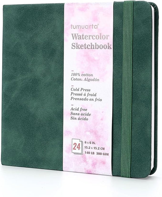 tumuarta Square 100% Cotton Watercolor - Sketchbook, 6x6 in, 140 LB, 300GSM, Cold Press, Acid Free, 24 Sheets,48 Pages, Watercolor Journal for Use As Travel Notebook and Mixed Media Pad On The Go