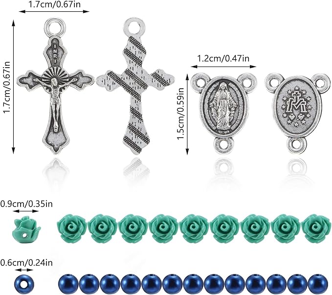610Pcs Rosary Jewelry Making Kit, Rosary Pearl Beads Carved Rose Beads Rosary Cross Centerpiece Crucifix Medal, Rosary Prayer Making Supplies First Communion Necklace Bracelet Jewelry Making (Blue)