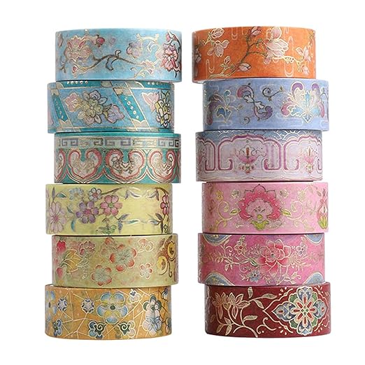 12 Rolls Vintage Washi Tape Set, Gold Foil Decorative Masking Tape for Scrapbooking, Journal, Planner, DIY Crafts, Gift Wrapping