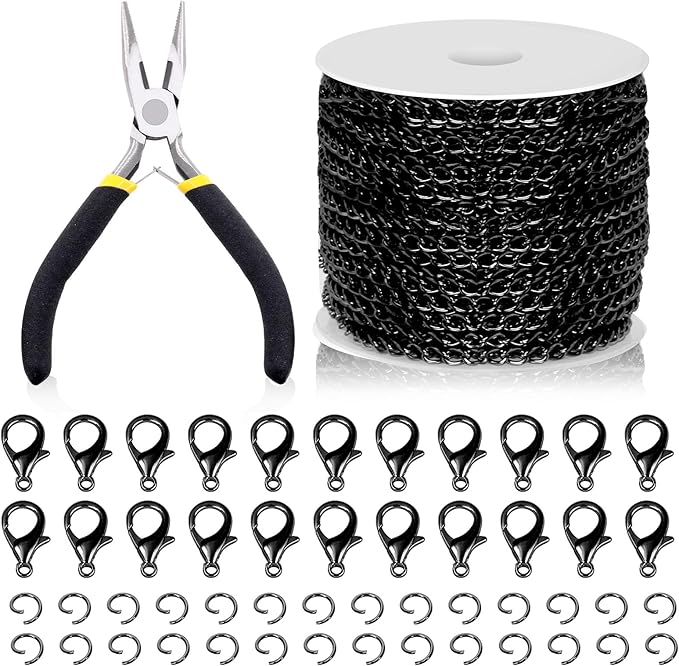 Swpeet 102Pcs Black 3mm by 10 Yard Length Jewelry Making Chains Kit with Jump Rings, Lobster Clasps and Jewelry Plier, Necklace Chains Flat Cable Link Chain Bulk Ideal for DIY Craft Jewel Making