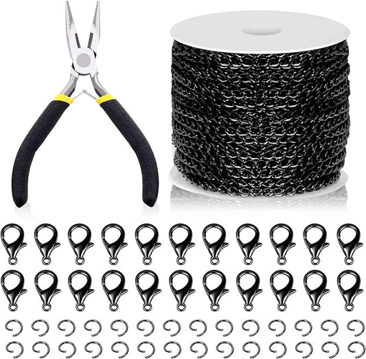 Swpeet 102Pcs Black 3mm by 10 Yard Length Jewelry Making Chains Kit with Jump Rings, Lobster Clasps and Jewelry Plier, Necklace Chains Flat Cable Link Chain Bulk Ideal for DIY Craft Jewel Making