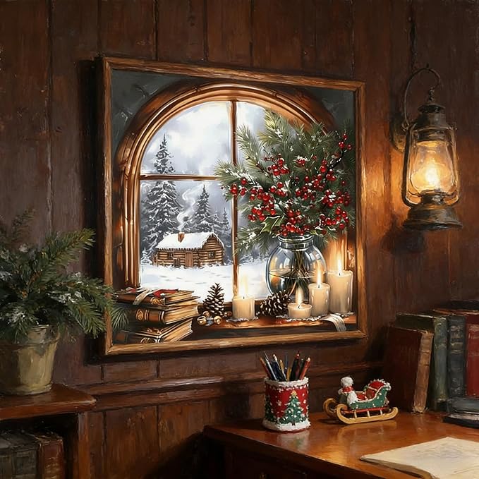 DIYDECORFUN Christmas Window Diamond Art Kits for Adults, Winter 5D Xmas Diamond Painting Kit for Beginner, DIY Full Drill Paint with Diamond Dot Gem Painting for Decor Gift14 x14 Inch