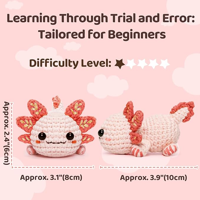 Mewaii Beginner Crochet Kit with 40% Extra Yarn, Pre-Started Yarn & Video Tutorials - 3 Axolotl Craft Set for Adults & Kids