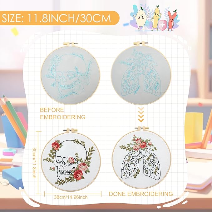 5 Sets Skull Embroidery Kits for Beginners Adults, Anatomy Embroidery Starter Kit for Doctors Nurses Christmas Gifts with Floral Stamped Pattern DIY Needlepoint Kit Cross Stitch Set Includes 2 Hoops