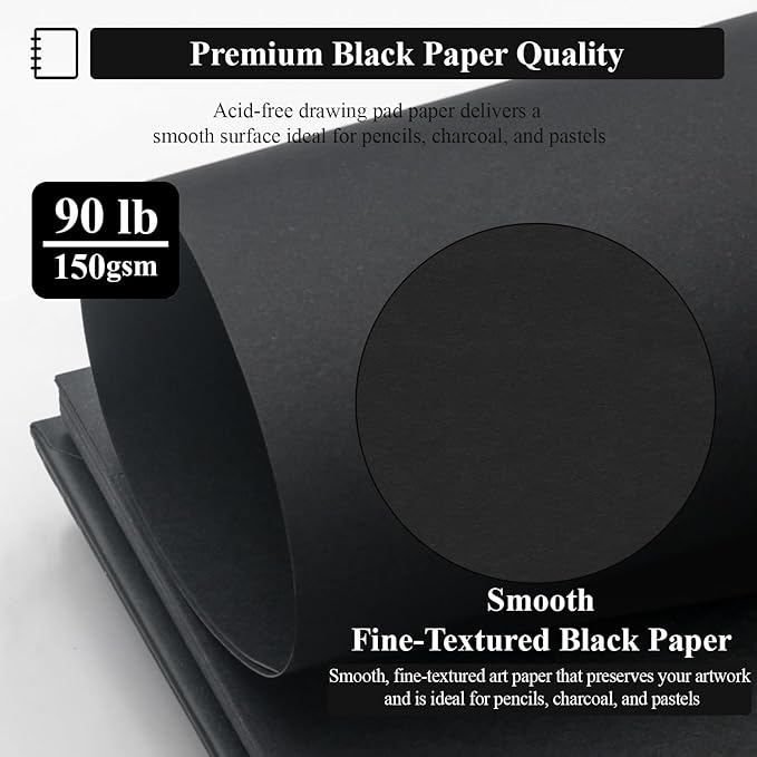 sufly black paper notebook, 60 sheets spiral bound sketch book 9x12, 90lb/150gsm black art paper for drawing and painting.