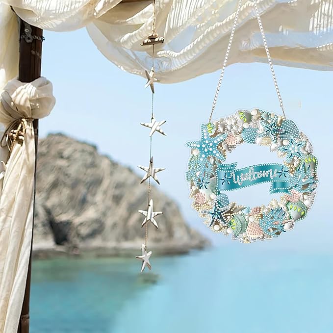 RYMILIE Diamond Art Hanging Kits for Adults,Shell Special Shaped Diamond Painting,Double Sided 5D DIY Acrylic Diamond Art Painting Window Pendants Home Garden Wall Hanging Kits Sea Ornament.(Welcome)