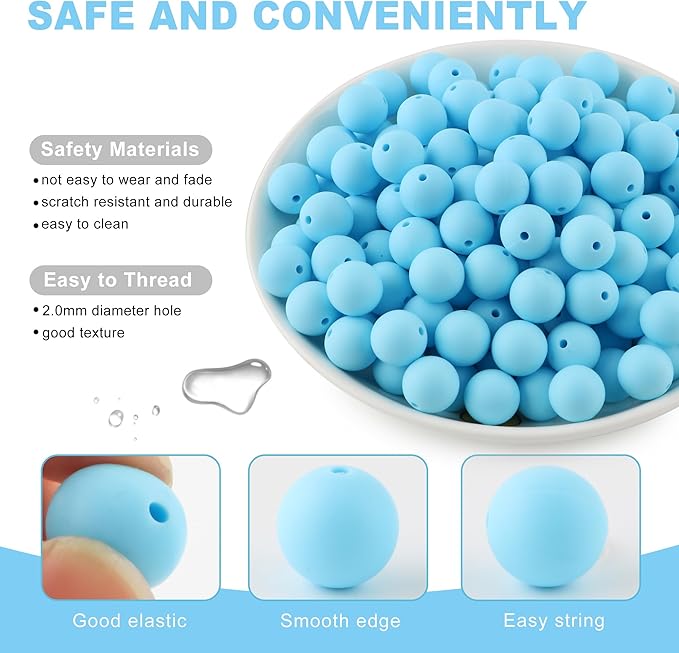 150Pcs 15mm Silicone Beads for Keychain Making Bracelet Necklace, Bulk Round Silicone Beads for Pens（Baby Blue）