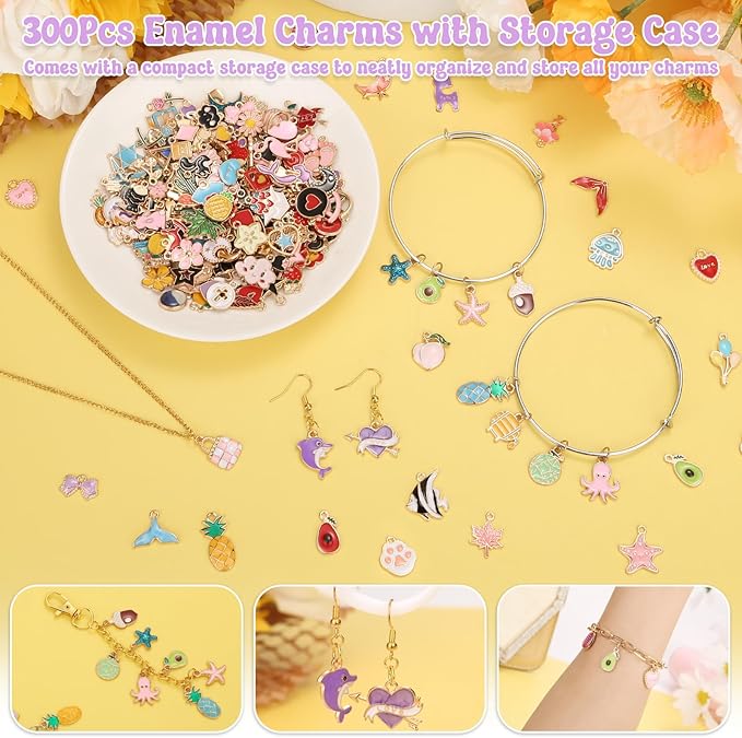 300Pcs Charms for Jewelry Making, Wholesale Bulk Assorted Gold-Plated Enamel Earring Charms for DIY Necklace Bracelet Jewelry Making and Crafting (Enamel Color)