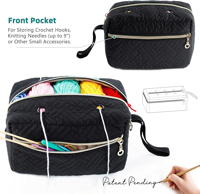 Small Crochet Bag Organizer - Knitting Yarn Storage for Crocheting Holder Accessories, Needles, Hooks, Gifts, Black, (AM370)
