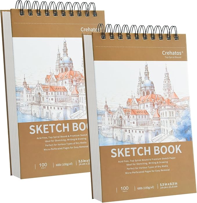 crehatos 5.5" x 8.5" small sketch book, top spiral bound sketch pad, 100 sheets each 68lb/100gsm drawing paper, 2 pack