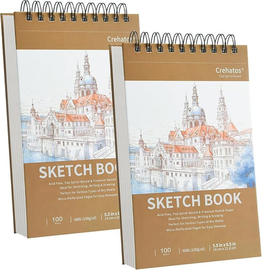 crehatos 5.5" x 8.5" small sketch book, top spiral bound sketch pad, 100 sheets each 68lb/100gsm drawing paper, 2 pack