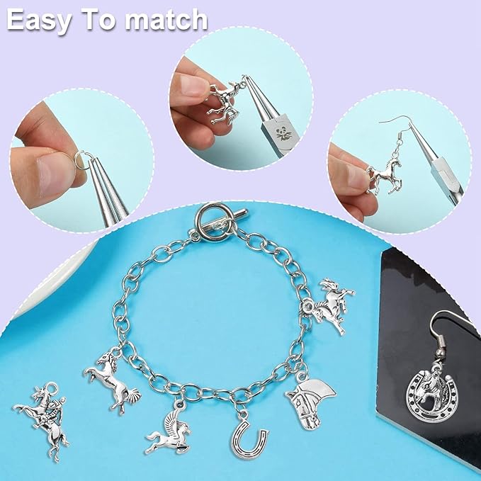 DanLingJewelry 100Pcs 10 Styles Antique Silver Horse & Horseshoe Animal Charms for DIY Jewelry Making