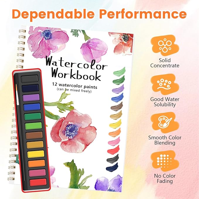 Watercolor Workbook, Water Coloring Book, 12 Different Patterns of Original DIY Designs, 12 Colors Watercolor Paint Set with Brush, Beginner-Friendly Watercolor Workbooks
