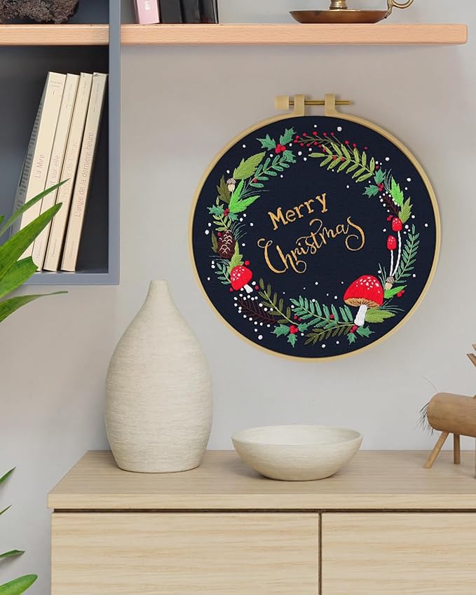 ERKOON Christmas Embroidery Kit for Beginners, Cross Stitch Set for Include Embroidery Cloth Hoops Threads for Craft Lover Hand Stitch with Embroidery Skill Techniques (Christmas Wreaths)