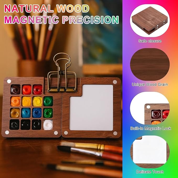 Mini Watercolor Paint Set,24 color Paints, 15 Grids Portable Wooden Travel Palette, Sketchbook & Copper Clip, Metal Clip –For Beginners, Artists & Painting Enthusiasts