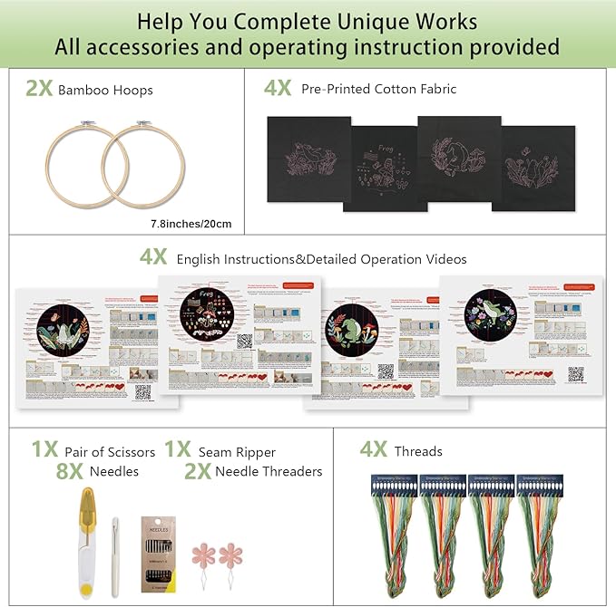 Phylisn 4 Sets Embroidery Kit for Beginners Adults,Embroidery Starter DIY Kits with Frog Patterns,2 Hoops,Color Threads, Tools,Easy Learn to Embroider with Instructions & Video Tutorials
