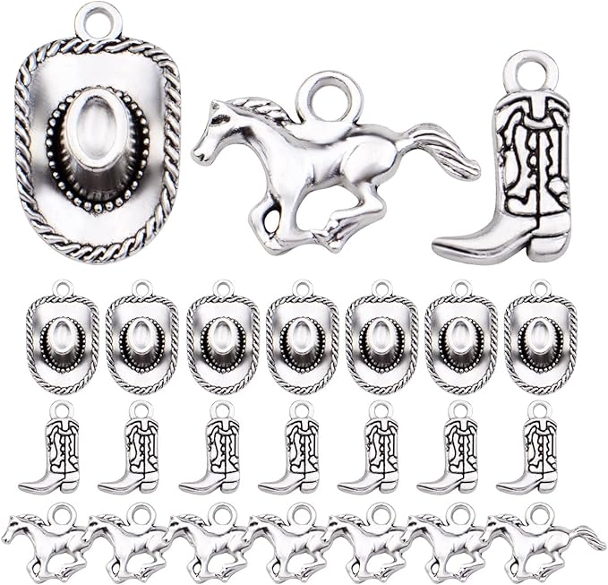 60pcs Silver Western Cowboy Charms Pendants Alloy Horse Cowboy Boot Hat Dangle Charms for DIY Earrings Bracelet Necklace Jewelry Making