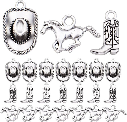60pcs Silver Western Cowboy Charms Pendants Alloy Horse Cowboy Boot Hat Dangle Charms for DIY Earrings Bracelet Necklace Jewelry Making