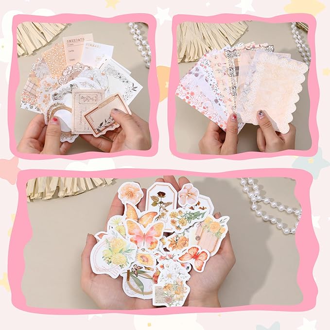 TIESOME 100pcs Vintage Floral Scrapbook Paper and Journaling Stickers Assorted Set, Memo Labels for Junk Journal Planner Collage Card Album Decor(Yellow)