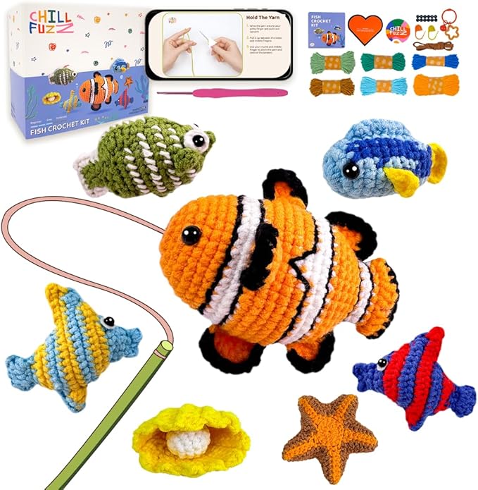 ChillFuzz Animal Crochet Kit Beginner Crochet Kit for Adults with Yarn Hook and Instructions Creative DIY Craft Project Aquarium