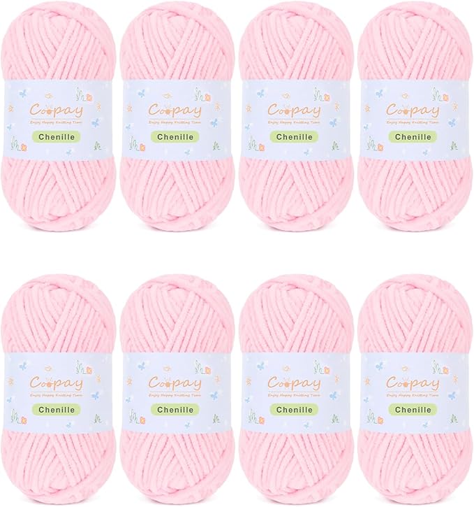 Coopay Chenille Yarn for Crocheting, 8 Pack Medium Weight Yarn - CYC #4 - Total 520yd, Soft Crochet Yarns for Plush Toys, Blankets, Scarves (Pink)