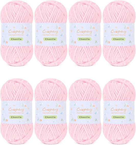 Coopay Chenille Yarn for Crocheting, 8 Pack Medium Weight Yarn - CYC #4 - Total 520yd, Soft Crochet Yarns for Plush Toys, Blankets, Scarves (Pink)
