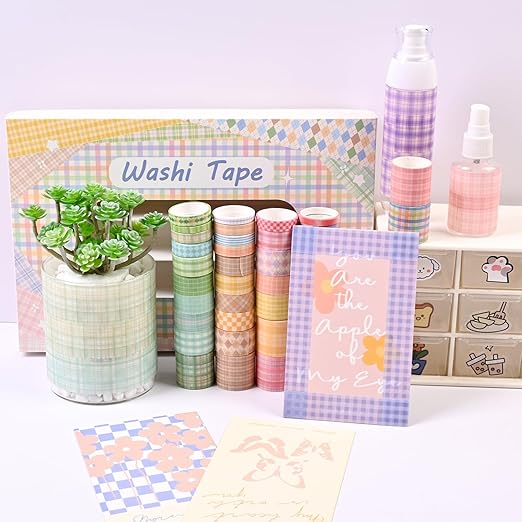 Lattice Washi Tape Set, 100 Rolls Masking Tape, 5/8/10/15/20/30mm Wide 6.56ft Long/Roll Aesthetic Decorative Tape, Scrapbooking Bullet Journal Supplies, Gifts for Girls Boys