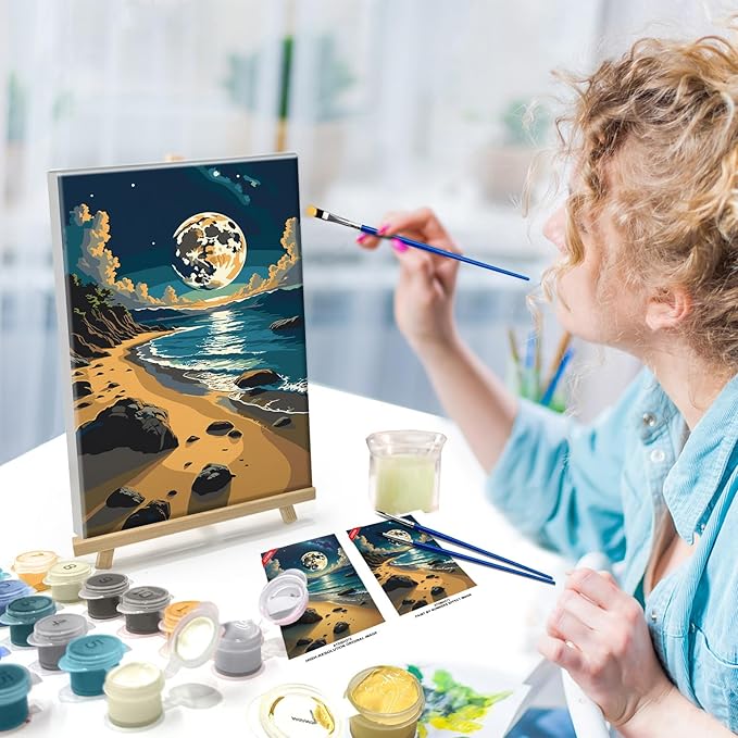 ATDMS Paint by Numbers Kit for Adults with Frame Moon Paint by Number with Easel Beach Adult Paint by Number Kits Framed Canvas DIY Moonlight Acrylic Oil Painting Kits for Home Wall Decor 8x12 Inch