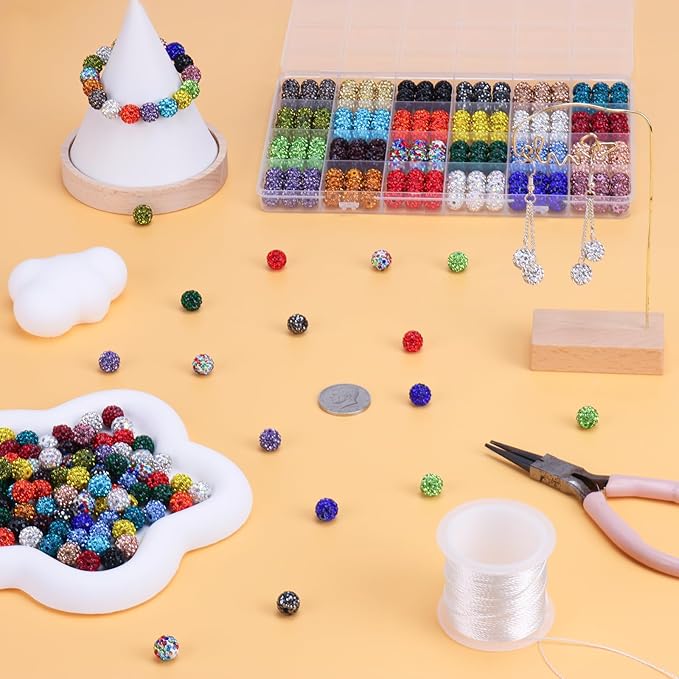 216 Pcs 10mm Clay Rhinestone Beads, Glitter Sparkle Baseball Beads, Shiny Disco Ball Design Beads for Jewelry Making, Craft Supplies for Adult Bracelets Necklaces Earrings Decoration (Kit 2)