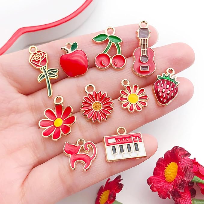 WOCRAFT 40pcs 20 pairs Assorted Enamel Bracelet Charms for Jewelry Making DIY Necklace Bracelet Earrings Keychain Crafting Charms Kit Crafts (Red-SN996)