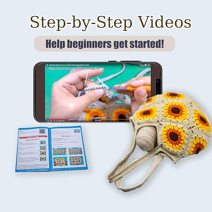 Anbaagsky Crochet kit for Beginners Sunflower Tote Bag Granny Square Crochet Tote Bag with Step-by-Step Video Tutorials Knitting Kit Beginner Crochet Kit for Adults
